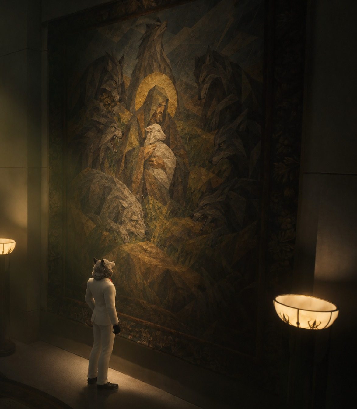 The wolf-headed figure looking up at the mural between two glowing lamps.